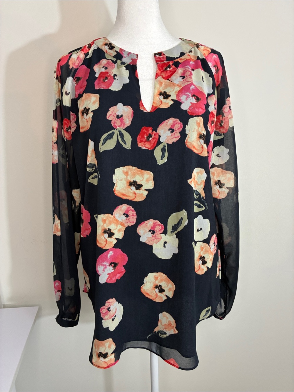 CAbi Navy Blue Floral Split-Neck Long Sleeve Blouse